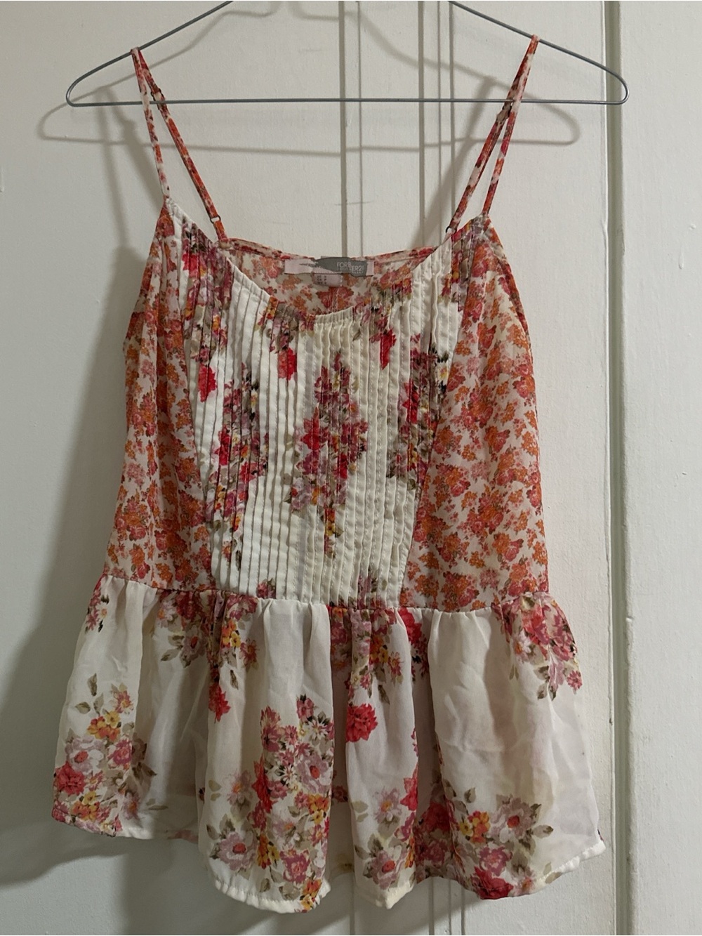 Forever 21 Cream Floral Pleated Spaghetti Strap Tank Top